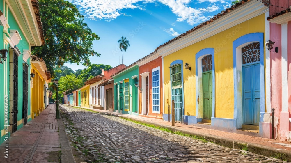 Naklejka premium Colorful colonial buildings in a historic district with cobbled streets