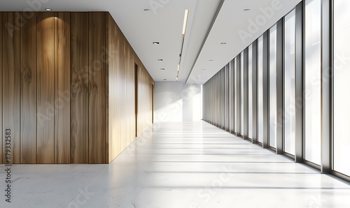 deep white wall, wooden cladding on the left side of frame, wide corridor with panoramic windows at right side and doors to rooms in office building interior. 