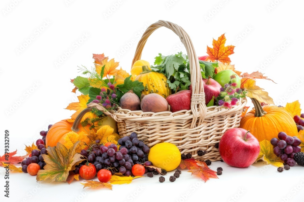 A harvest basket with fresh vegetables and fruits. Thanksgiving still life on background A harvest basket with fresh vegetables and fruits. Thanksgiving still life on background