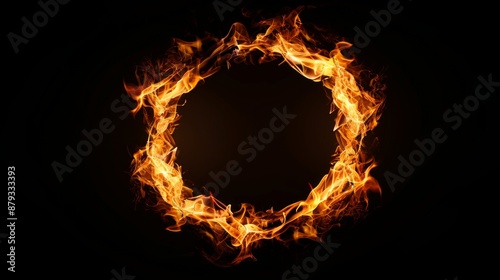 Circle of Fire flame with movement on black background, Beautiful yellow, orange and red and red blaze fire flame texture style