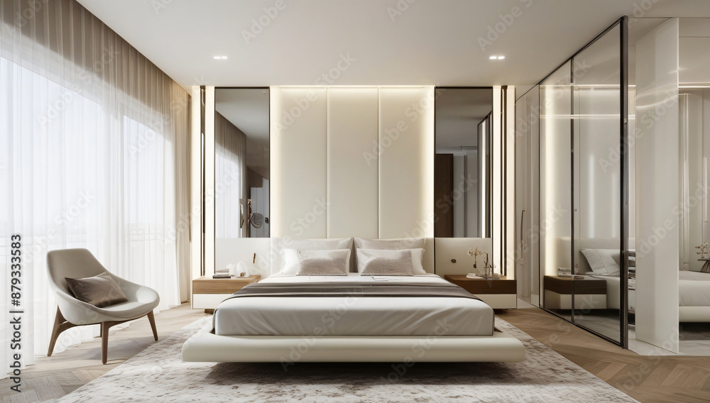 Fototapeta premium Creamy white main bedroom model, modern style.