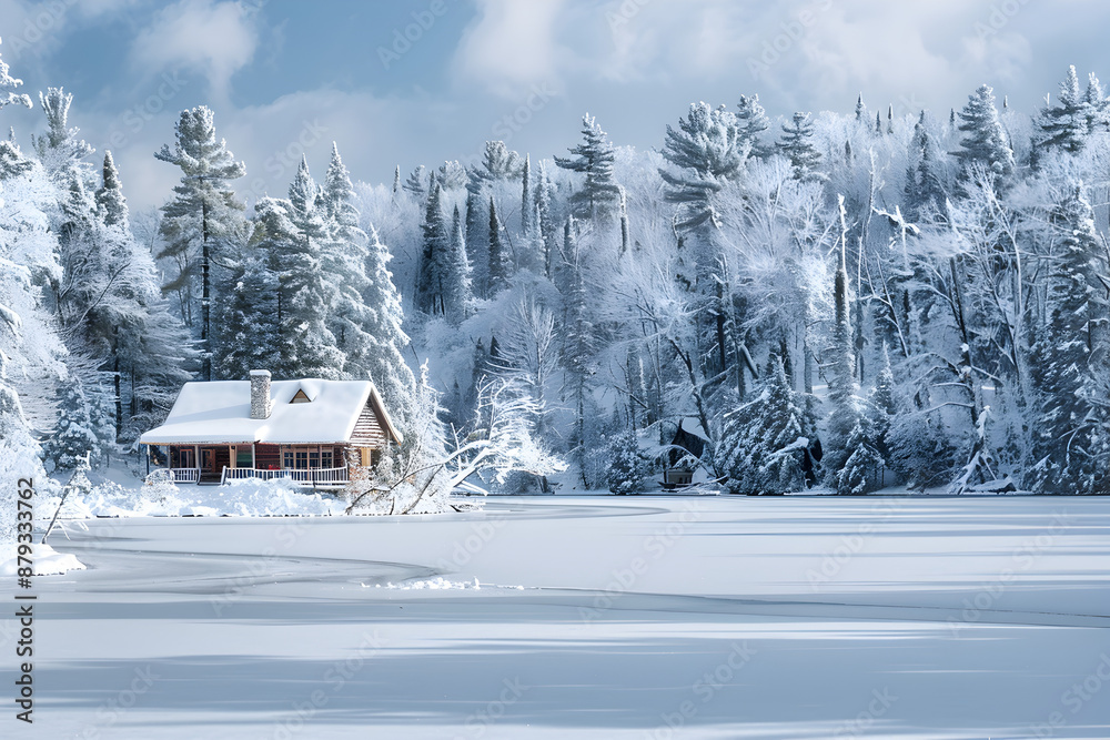 Scenic winter landscape with snow-covered trees, a frozen lake, and a cozy cabin, evoking tranquility and seasonal beauty.
Scenic winter landscape with snow-covered trees, a frozen lake, and a cozy cabin, evoking tranquility and seasonal beauty.