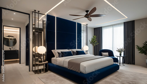 Dark blue main bedroom model, modern style.