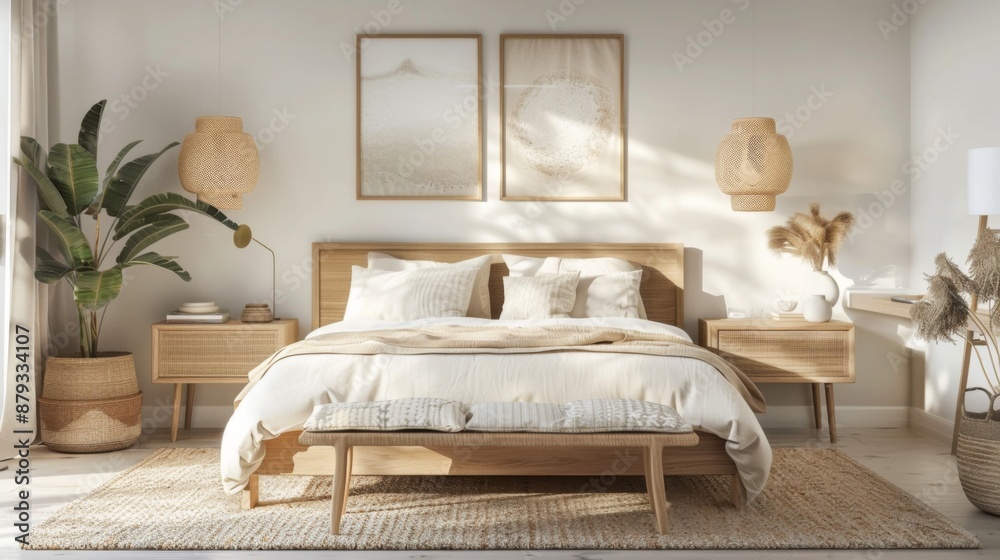 Scandinavian bedroom with light wood furniture, neutral tones, and cozy textiles Scandinavian bedroom with light wood furniture, neutral tones, and cozy textiles