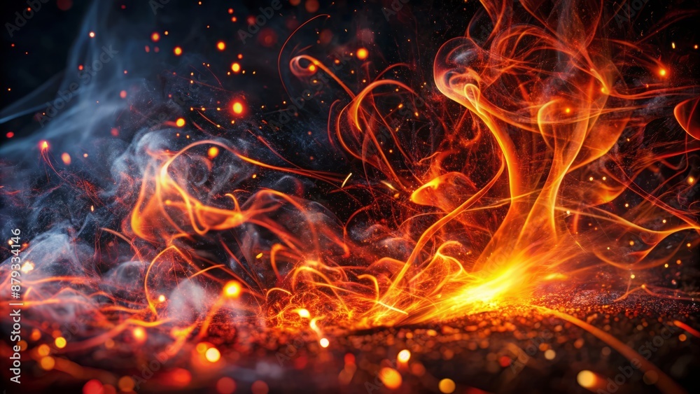 Vibrant red sparks and embers swirl amidst wispy tendrils of smoke, set against a dramatic, dark, and mysterious black background. Vibrant red sparks and embers swirl amidst wispy tendrils of smoke, set against a dramatic, dark, and mysterious black background.