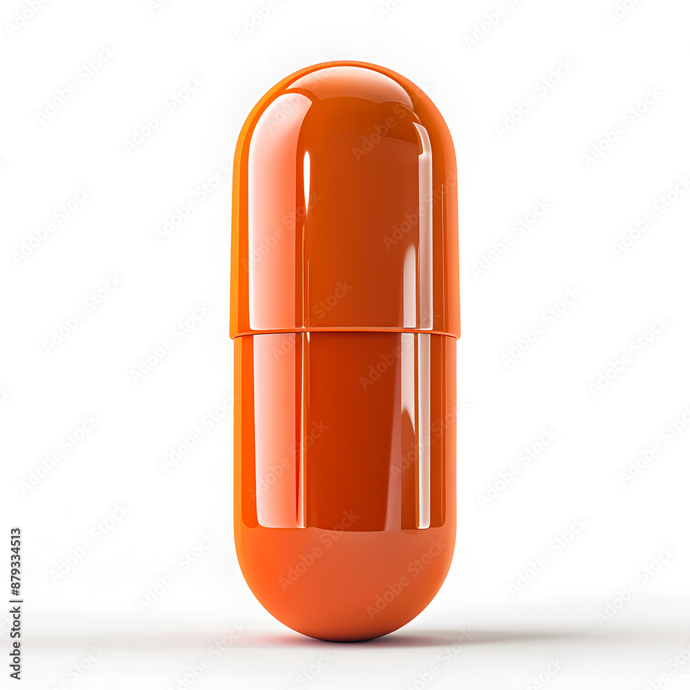 Close-up of a single orange capsule pill isolated on white background, showcasing pharmaceutical healthcare and medication concept.