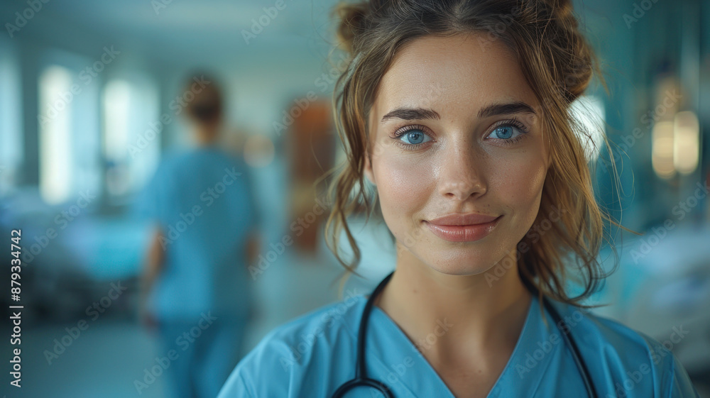 Smiling Female Nurse in Hospital with Blue Eyes and Scrubs Smiling Female Nurse in Hospital with Blue Eyes and Scrubs