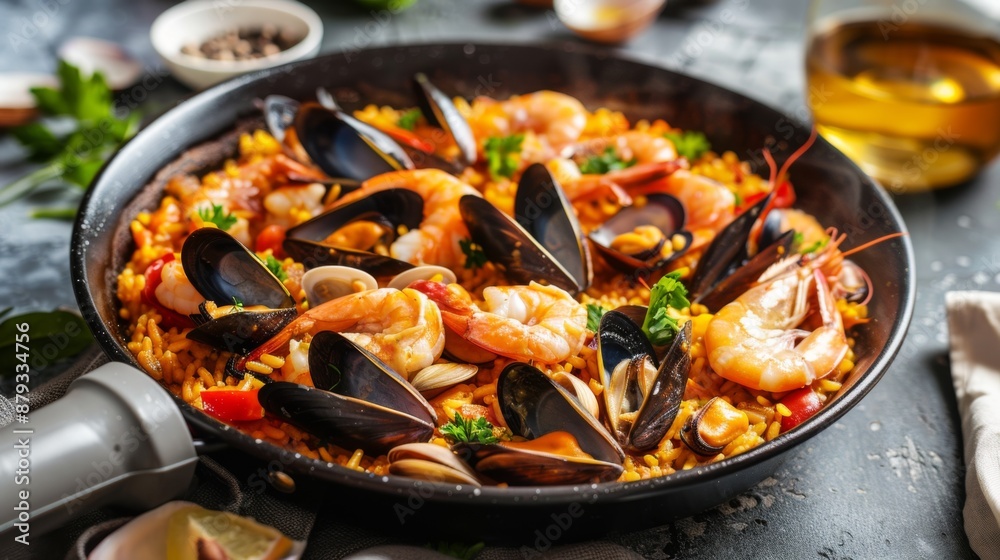 Seafood paella in a traditional pan, filled with shrimp, mussels, and clams, ready to serve. Seafood paella in a traditional pan, filled with shrimp, mussels, and clams, ready to serve.