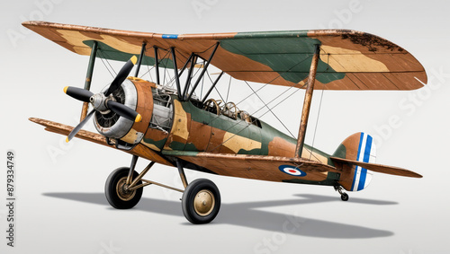 An aged biplane, with a weathered, faded camouflage paint, sits ready on a runway, the propeller still, awaiting a pilot to take it to the skies