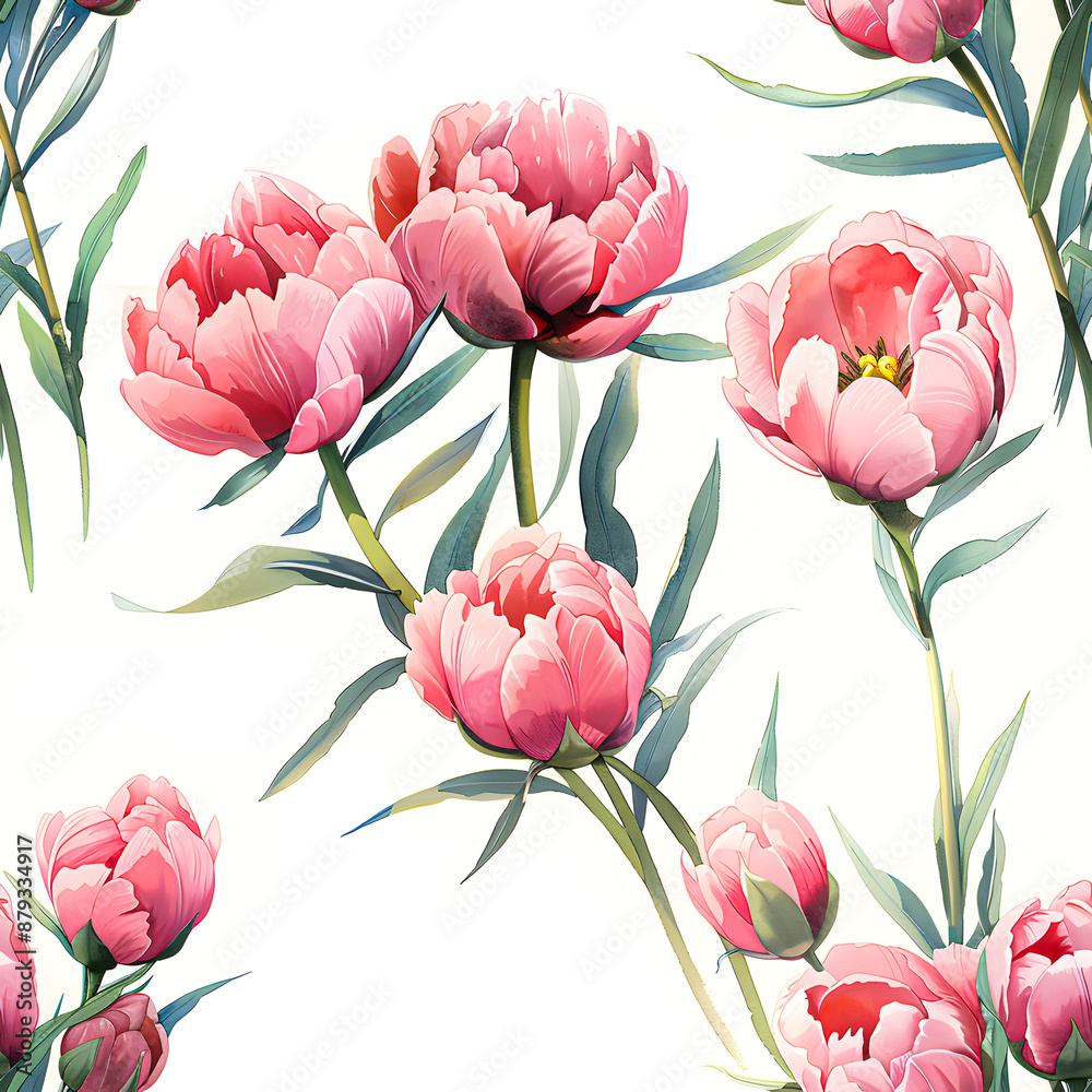 Seamless floral pattern featuring beautiful pink peonies on a white background, perfect for wallpaper, fabric, and decor projects. Seamless floral pattern featuring beautiful pink peonies on a white background, perfect for wallpaper, fabric, and decor projects.