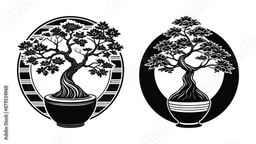 botanic bonsai and vase silhouette vector illustration