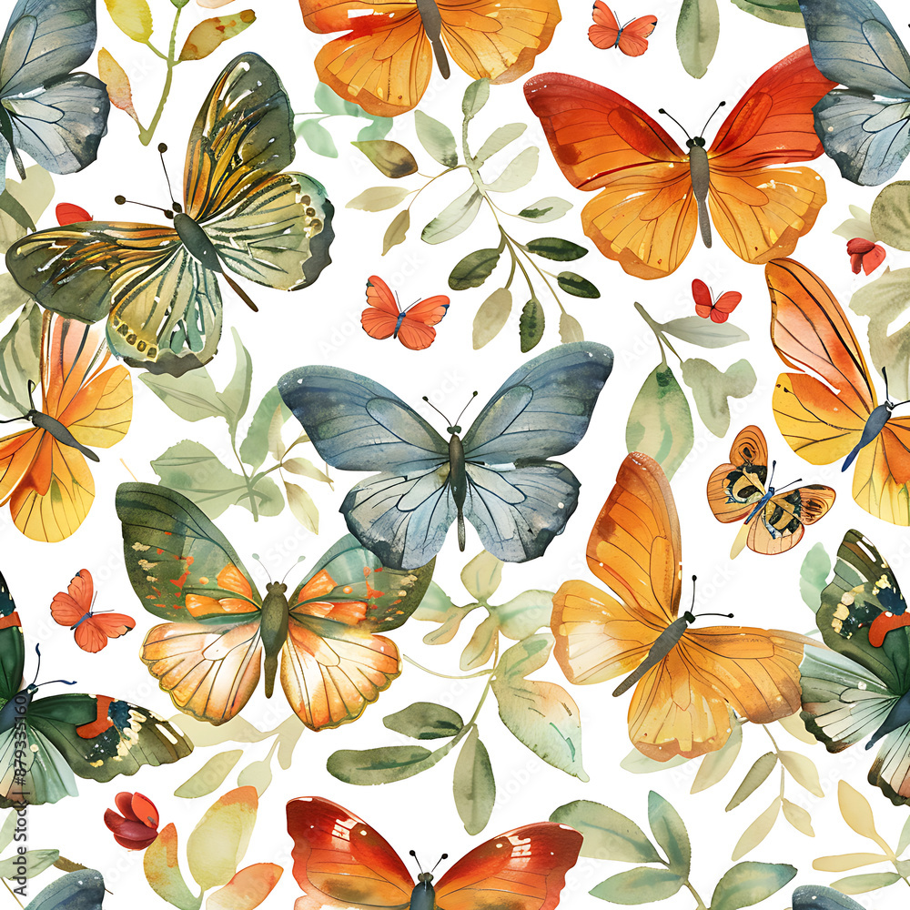 Fototapeta premium Butterfly botanical summer Seamless pattern with watercolor butterflies