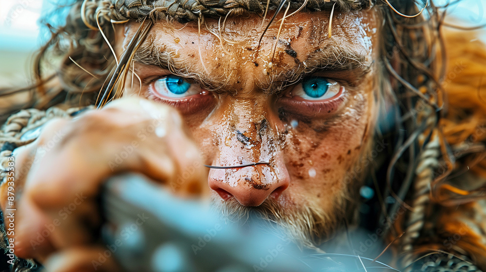 A close-up portrait of a warrior, covered in dirt and sweat, with intense blue eyes focused on the target A close-up portrait of a warrior, covered in dirt and sweat, with intense blue eyes focused on the target