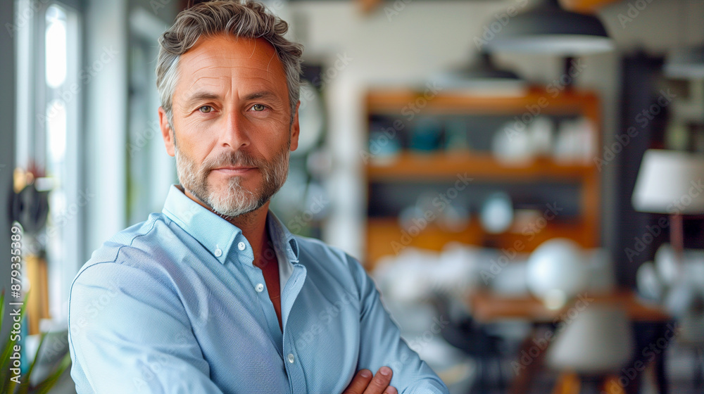 Confident man with salt and pepper beard and blue shirt stands with crossed arms, looking directly at camera in blurred modern office background Confident man with salt and pepper beard and blue shirt stands with crossed arms, looking directly at camera in blurred modern office background