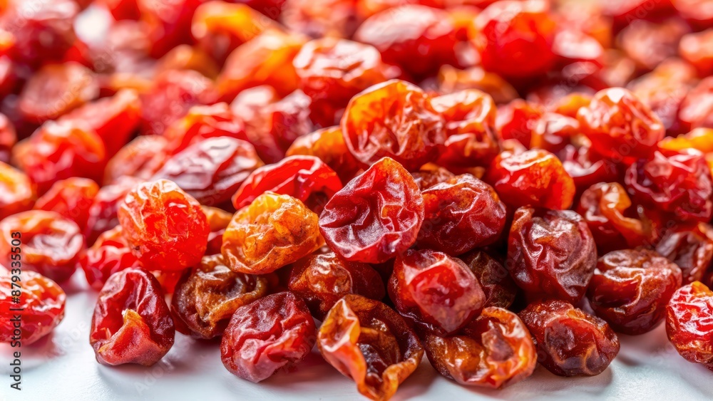 Vibrant orange-red dried sour cherries scattered on a white surface, packed with nutrients, vitamins, and antioxidants, perfect for a healthy snack. Vibrant orange-red dried sour cherries scattered on a white surface, packed with nutrients, vitamins, and antioxidants, perfect for a healthy snack.