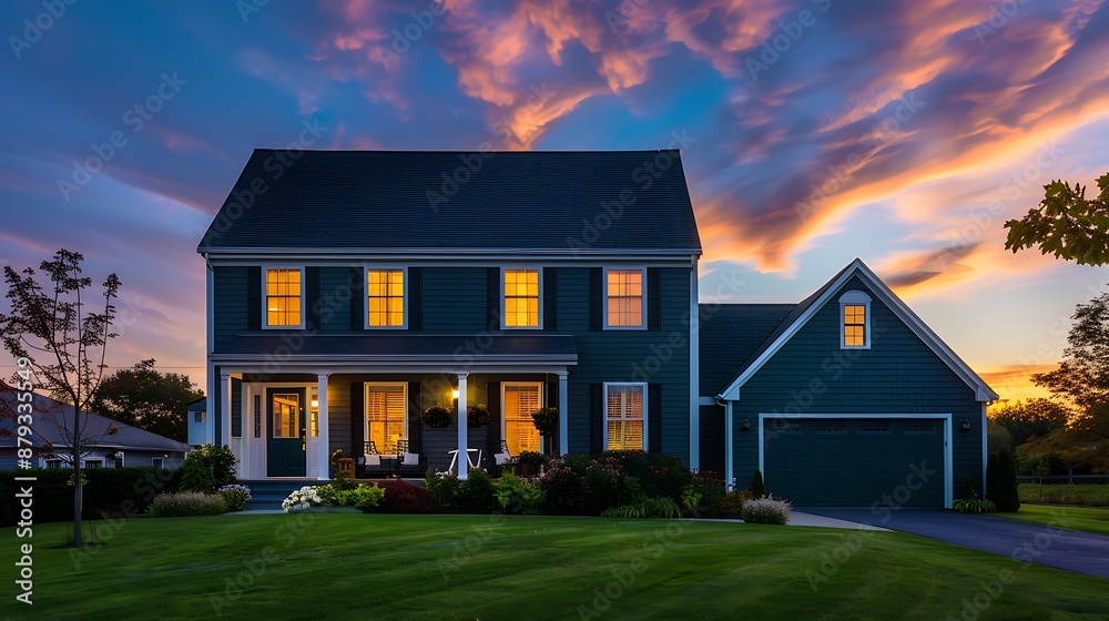 Elegant suburban Colonial-style home in dark green, coastal village, sunset, Elegant suburban Colonial-style home in dark green, coastal village, sunset,