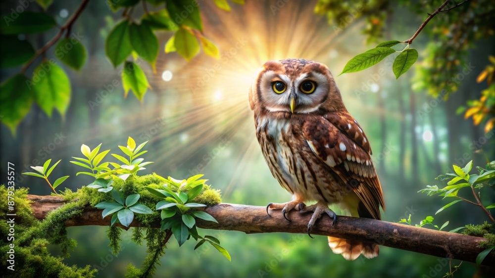 A wise owl perches on a rustic wooden branch, surrounded by lush greenery, with soft diffused lighting highlighting its feathers. A wise owl perches on a rustic wooden branch, surrounded by lush greenery, with soft diffused lighting highlighting its feathers.