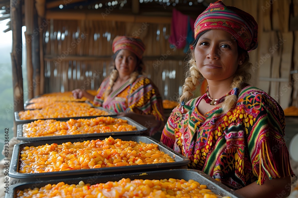 Obraz premium Traditional Indigenous Clothing and Food Preparation in Rural Village for Cultural Celebrations