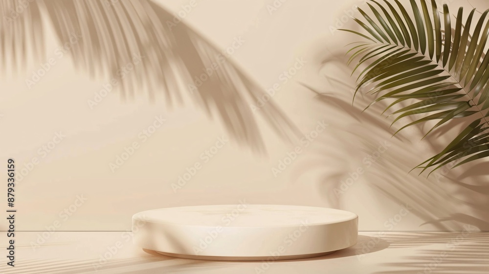 a white round platform with palm leaves on a white surface a white round platform with palm leaves on a white surface
