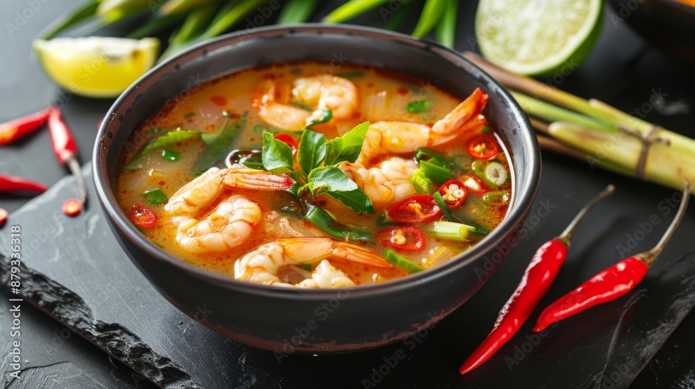 Spicy Thai tom yum soup in a traditional bowl, garnished with lemongrass and chili peppers. Spicy Thai tom yum soup in a traditional bowl, garnished with lemongrass and chili peppers.