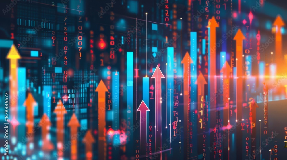 Stock market infographic with arrows and statistics illustrating market trends and movements.