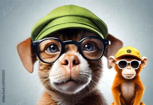 Wallpaper Mural animals in one team, cute animals wearing caps and glasses on blue background   Torontodigital.ca