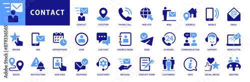 Contact icon set. With concepts like e-mail, phone, address, customer service, call, website and more. Dual Color Flat Style Vector Icons Collection