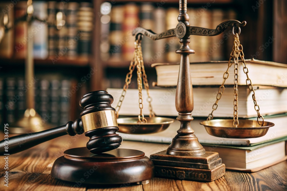 Justice and the law. A wooden hammer, books and scales on the table. The court session. Justice and the law. A wooden hammer, books and scales on the table. The court session.