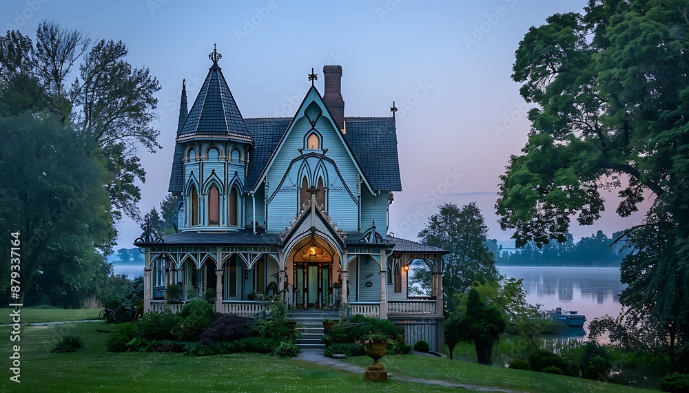 Fototapeta premium Elegant suburban Gothic Revival home in light blue, riverside setting, early morning light,