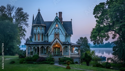 Elegant suburban Gothic Revival home in light blue, riverside setting, early morning light,