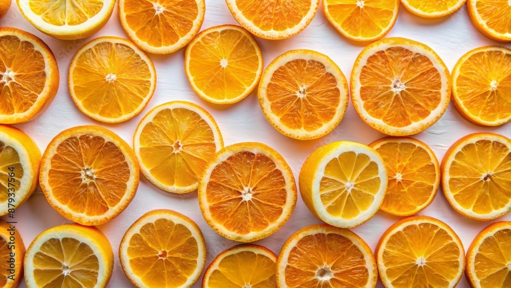 Vibrant orange slices arranged artfully on a clean white background, evoking feelings of freshness and vitality in a modern setting. Vibrant orange slices arranged artfully on a clean white background, evoking feelings of freshness and vitality in a modern setting.
