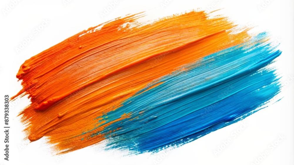 Vibrant orange and soothing blue abstract paint brush strokes mingle on white background, exuding minimalist elegance and artistic sophistication.