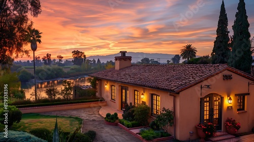 Elegant suburban Spanish Revival home with a light brown exterior, riverside setting, sunset,