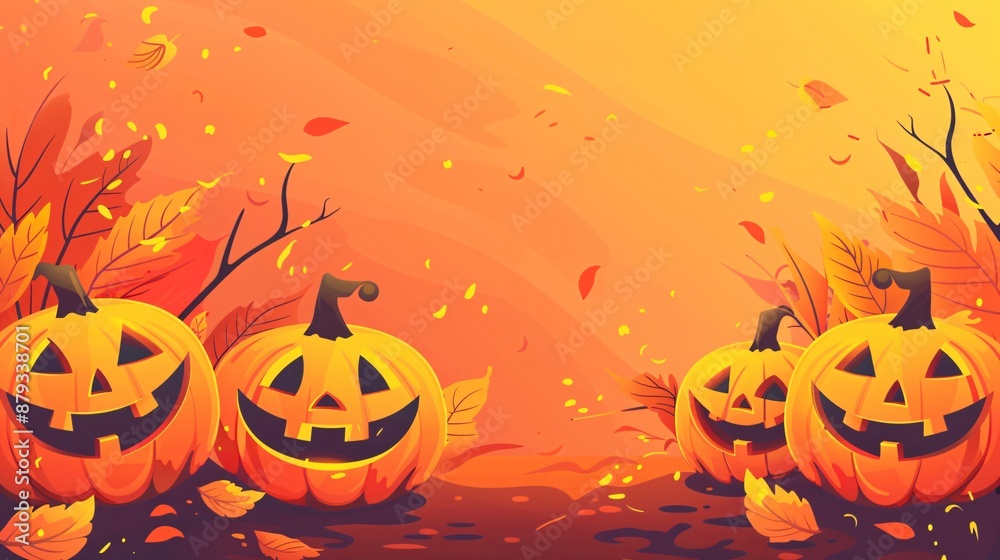 Halloween, Carved pumpkins with smiling faces sit among fallen leaves in an orange, autumnal scene Halloween, Carved pumpkins with smiling faces sit among fallen leaves in an orange, autumnal scene