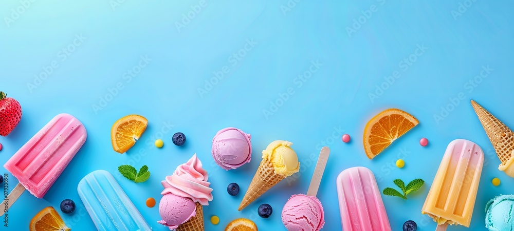 A selection of colorful pastel ice cream cones and summer frozen popsicle desserts. The top border of the view is above on a blue banner background. A selection of colorful pastel ice cream cones and summer frozen popsicle desserts. The top border of the view is above on a blue banner background.