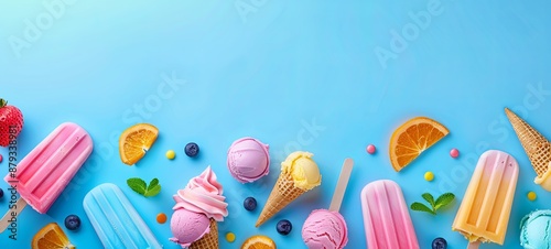A selection of colorful pastel ice cream cones and summer frozen popsicle desserts. The top border of the view is above on a blue banner background. 