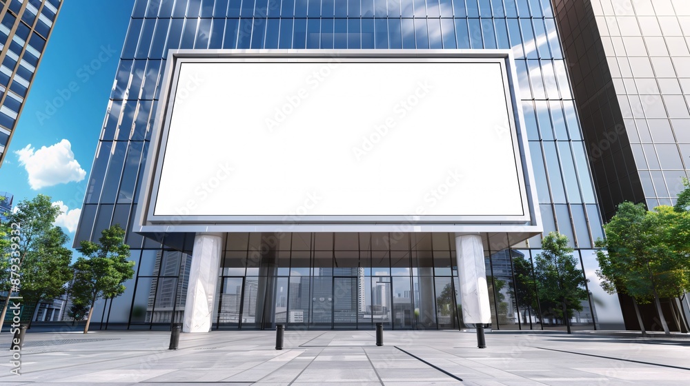 Fototapeta premium A large, blank billboard is mounted on the exterior of a modern building in an urban setting. The billboard is prominently displayed and visible from the street