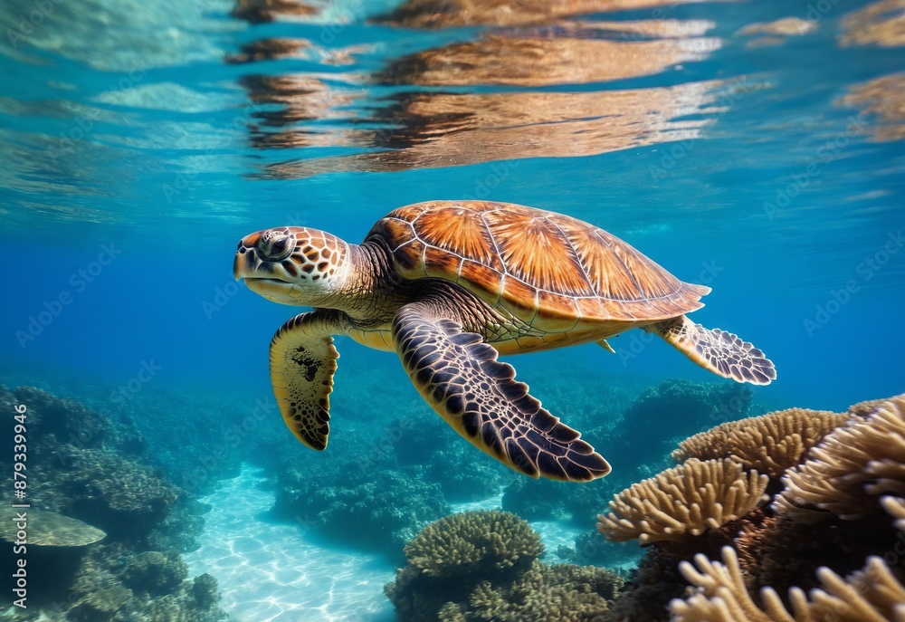 Fototapeta premium A joyful sea turtle swimming in crystal clear waters, surrounded by vibrant coral reefs