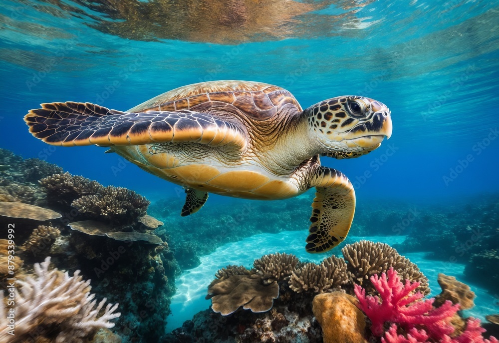 Fototapeta premium A joyful sea turtle swimming in crystal clear waters, surrounded by vibrant coral reefs