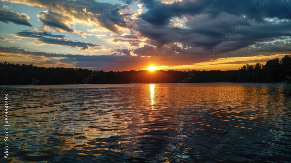 Naklejka premium Lake Sunset in Minnesota. Majestic Sky and Water Reflecting the Sun
