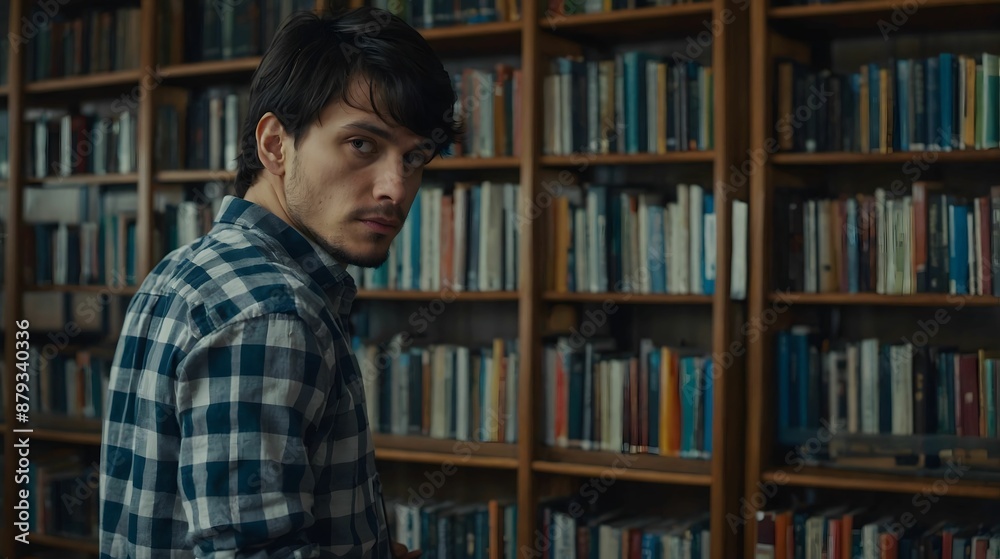 A man stands in front of the bookshelves in the library. We choose a book for ourselves in a half-turn of the camera A man stands in front of the bookshelves in the library. We choose a book for ourselves in a half-turn of the camera