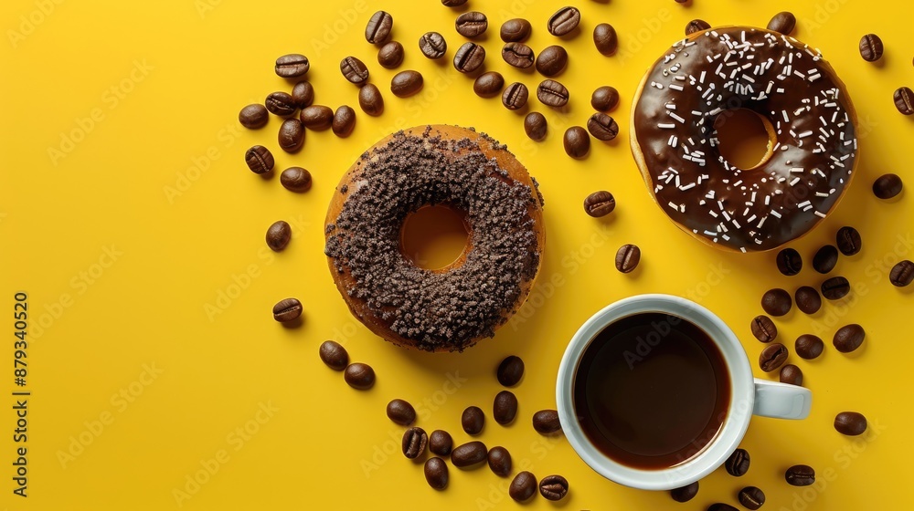 Obraz premium Yellow background with black coffee and chocolate donuts