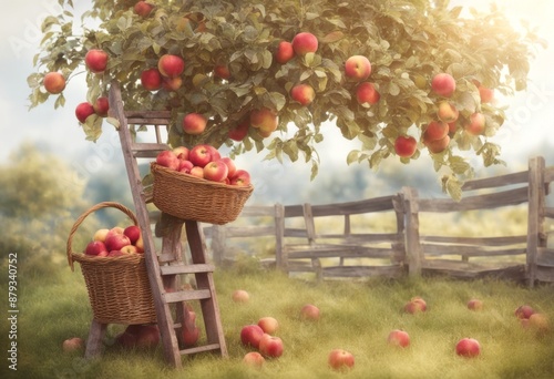 tree country ripe apple gardening appples farming background illustration rural land farm basket watercolor plant ladder photo