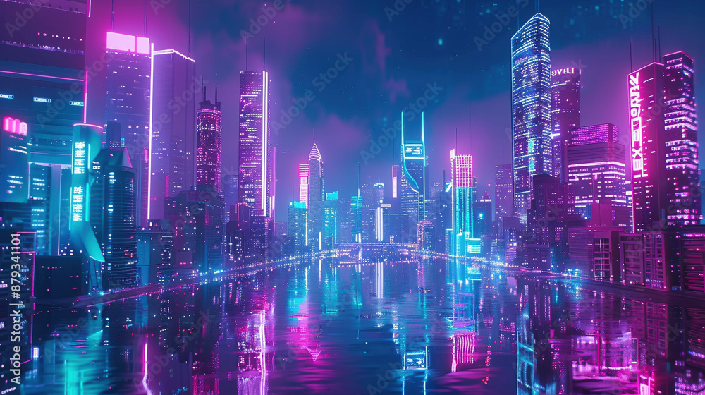 Futuristic Neon Cityscape with Pink and Blue Lights at Night Futuristic Neon Cityscape with Pink and Blue Lights at Night