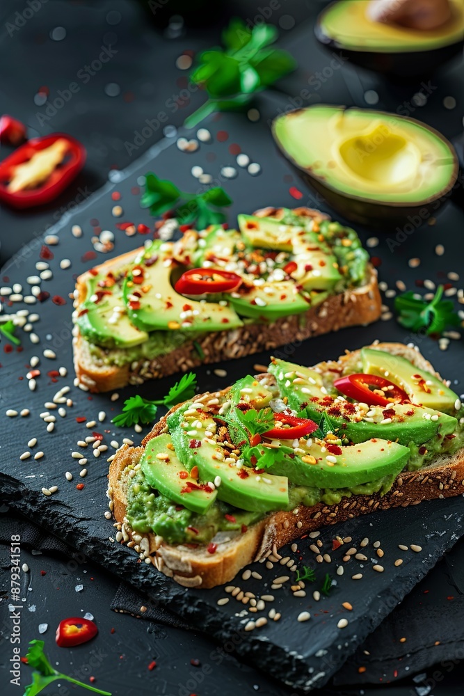 Avocado toast - bread with avocado slices, red pepper pieces and sesame seeds on a black stone board. Avocado toast - bread with avocado slices, red pepper pieces and sesame seeds on a black stone board.