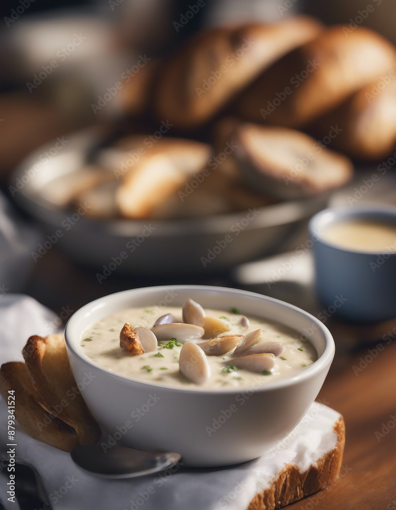 rich new england clam chowder served in a freshly baked bread bowl, ad shot, copy space for text
rich new england clam chowder served in a freshly baked bread bowl, ad shot, copy space for text