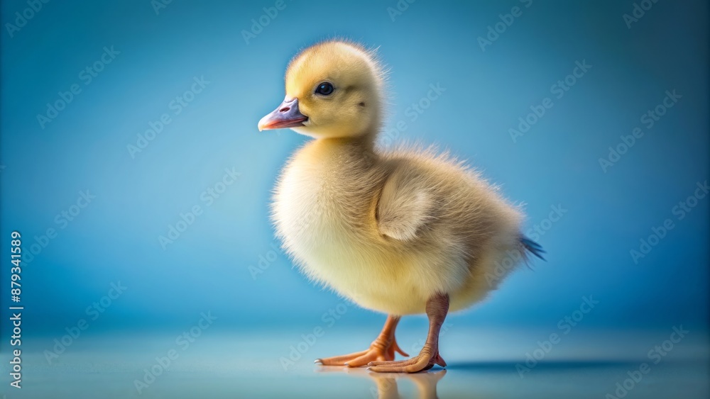Adorable little goose with fluffy white feathers and beak stands alone on a soft, serene baby blue background, looking curious. Adorable little goose with fluffy white feathers and beak stands alone on a soft, serene baby blue background, looking curious.