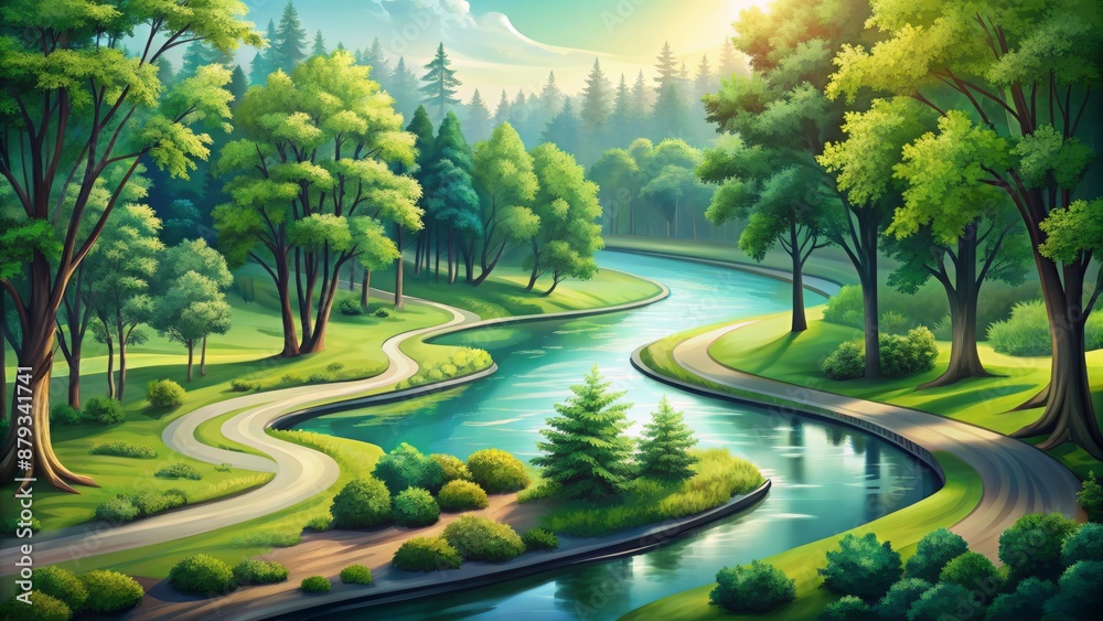Fototapeta premium Serene winding river creek surrounded by lush greenery and trees, merging with a curved road, perfect for logo design illustration.