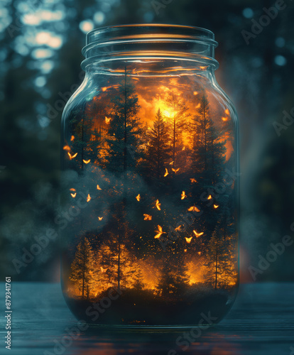 Glühwürmchen und Wald im Glas