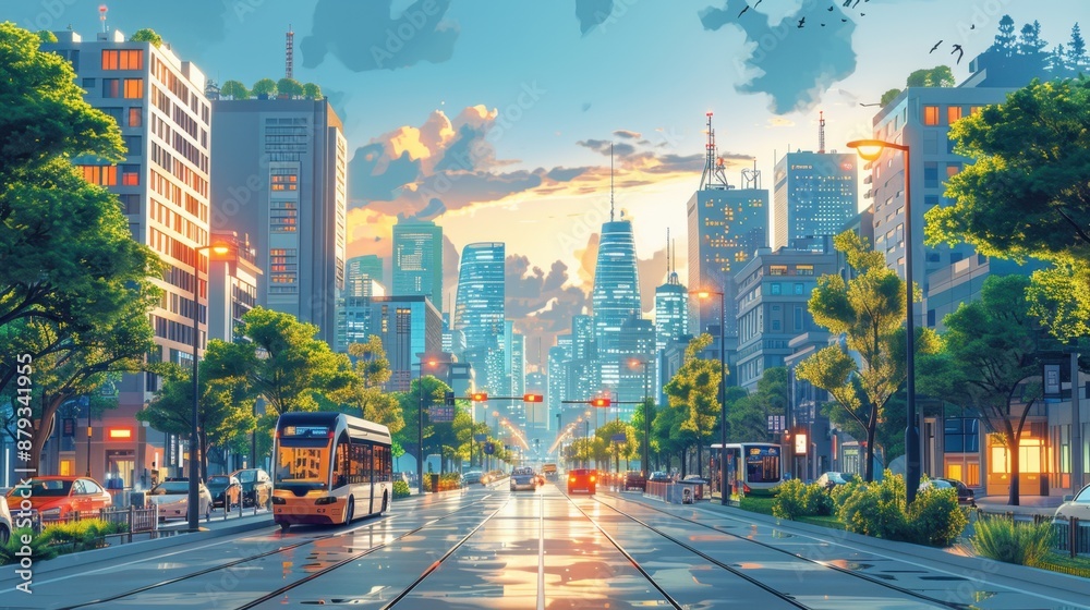 Fototapeta premium Smart Cities: Integrate IoT, AI, and big data for effective urban infrastructure management. Innovations include smart grids, waste management, and traffic systems, improving urban quality of life. 